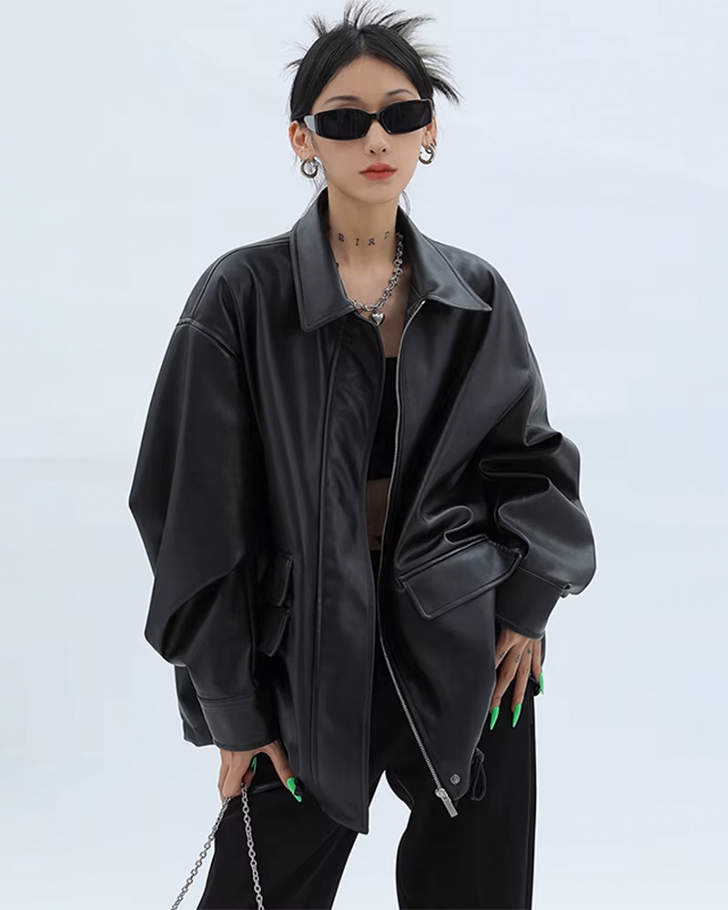 Veste en cuir noir femme