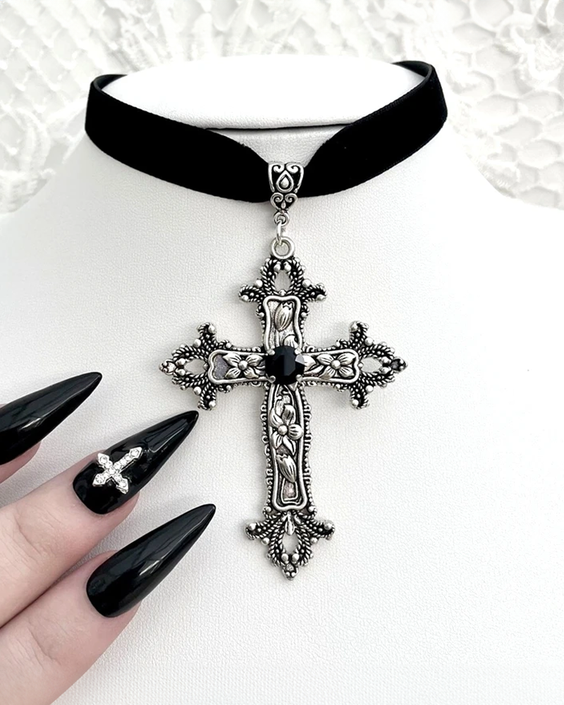 Collier Gothique Victorien Avec Croix Et Dentelle De Venise - Choker En Tissu Et Acier - Carla Creation