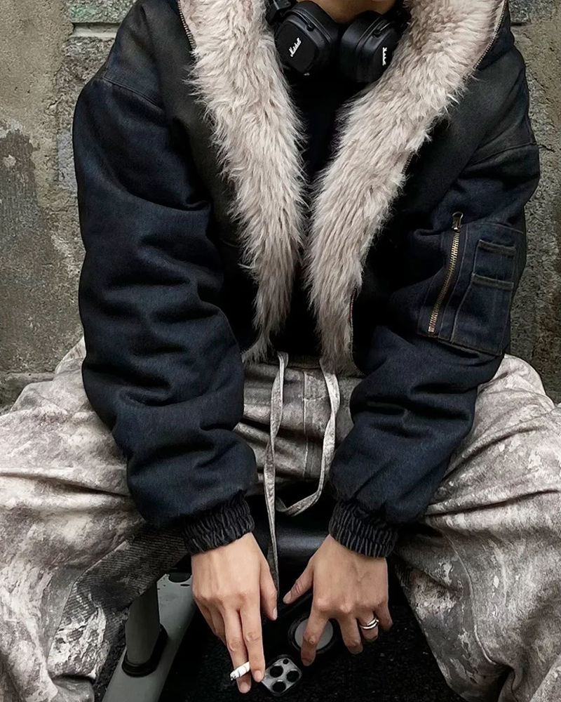 Veste en jean capuche fourrure